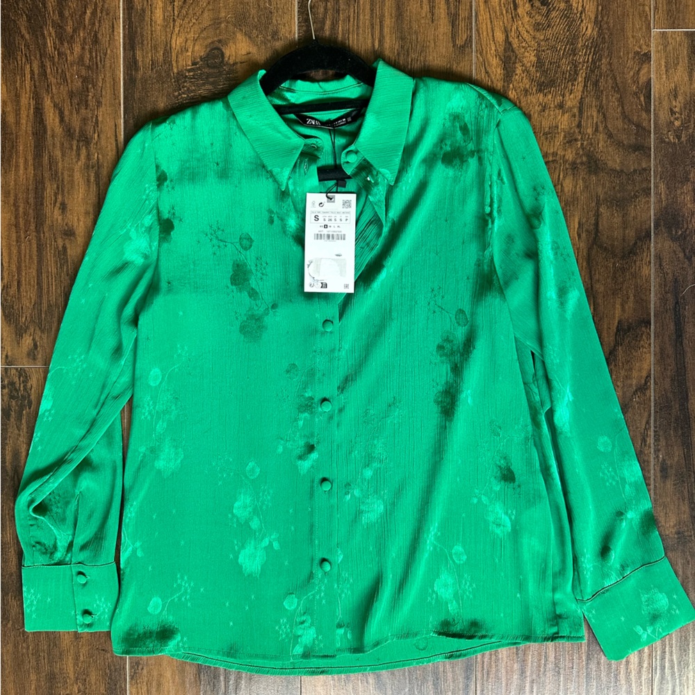 NWT ZARA Floral Jacquard Top Green Size S | 1971/060/500 - Picture 11 of 12